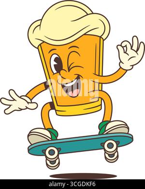 Verspielter Cartoon Bierglascharakter mit Schaumstoffkopf, der auf grünes Skateboard springt, zwinkert und mit der Hand ein OK-Schild macht. Perfekt für Brauereien oder Stock Vektor