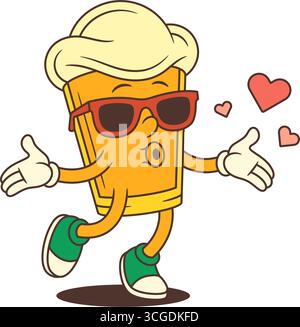 Gelbes Bierglasmaskottchen mit roter Sonnenbrille, einem Kuss, umgeben von fliegenden roten Herzen. Perfekt für Brauerei-Branding und Bier-fe Stock Vektor