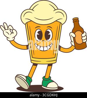 Fröhliches Cartoon Bier Glas Maskottchen mit schaumigem Kopf hebt eine Bierflasche und macht ein OK Hand Zeichen. Geeignet für Brauerei Branding und Bierfestival pro Stock Vektor