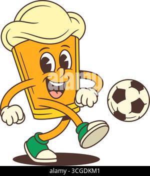 Fröhliches Cartoon-Bier-Glas-Maskottchen mit schaumigem Kopf, der einen Fußball tritt und vor Freude lächelt. Perfekt für Brauereien, Sportbar oder Bier Stock Vektor