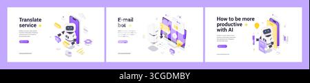 Ein Satz moderner isometrischer Vektorbanner zeigt KI-Roboter für Übersetzung, E-Mail-Automatisierung und Produktivität. Umfasst technische Elemente wie Telefone, Bildschirm Stock Vektor