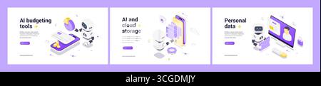 Isometrisches Web-Banner-Set mit KI-Roboter für Budget-Tools, Cloud-Datenmanagement und Sicherheit persönlicher Daten mit futuristischer digitaler Technologie und Stock Vektor
