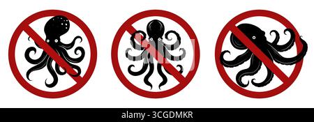 Vektorillustration mit Verbotszeichen und Oktopussilhouetten. Stilvolles Design für Meereswarnungen. Kann für Poster, Schilder, Aufkleber verwendet werden Stock Vektor