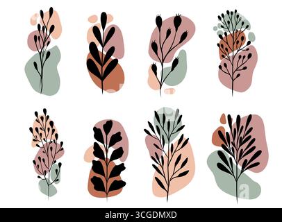 Vektorsatz abstrakter botanischer Äste mit geometrischen bunten Formen. Moderne dekorative Illustration für Poster, Karten, Textilien, Verpackungen oder d Stock Vektor