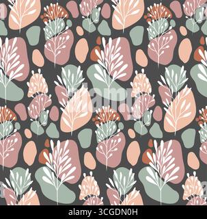 Nahtloses Vektor-Muster mit abstrakten Blättern und Farbflecken auf dunklem Hintergrund. Textur mit Stielen. Modernes botanisches Design für Textilien, Verpackung PA Stock Vektor