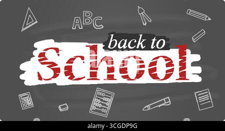 Schulverkauf. Bleistift, Stift und Notizbuch liegen auf weißem Hintergrund. Stock Vektor