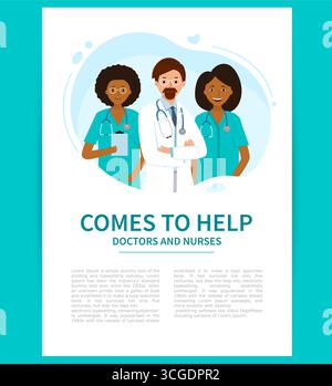 Poster oder Banner mit Gruppe von Ärzten, medizinisches Zentrum. Kommt, um Ärzten und Krankenschwestern zu helfen. Stock Vektor