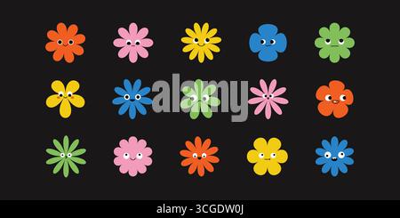 Set aus farbenfrohen Blumenfiguren mit ausdrucksstarken Gesichtern. Beinhaltet Emotionen wie glücklich, traurig, wütend, schläfrig und mehr. Eine verspielte, moderne Kollektion Stock Vektor
