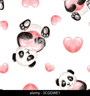 Niedlicher Baby-Panda mit nahtlosem Muster in rosa Herzfarben für Kinder. Handgezeichnete Illustration schwarz-weiß lustiger verspielter Bär. Skurrile rom Stockfoto