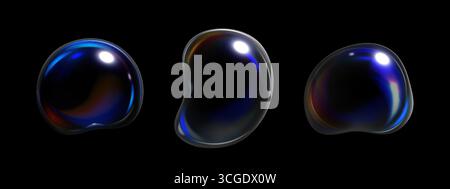 3D-Wasserseifenblasen mit bunten Regenbogenblendungen und Reflexionen auf schwarzem Hintergrund, fließender holographischer Effekt des transparenten Wassertropfens Stock Vektor