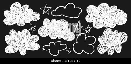 Buntstift Weiße Naive Wolken Und Sterne Auf Schwarz Stock Vektor