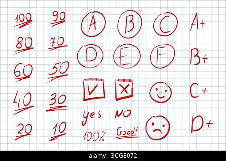 Hervorhebung des Ergebnisses durch roten Stift. Handgezeichneter roter Markierer Kritzelung Schulnoten, handschriftliche Lehrerprüfung Test Bewertung,. Vektorabbildung Stock Vektor