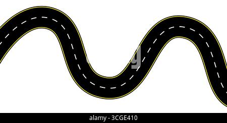 Draufsicht auf eine kurvige zweispurige Autobahn mit gestrichelten Mittellinien gekrümmte Fahrbahn Luftvektoransicht ideal für Karte Hintergrund Route Illustration Autobahn Stock Vektor