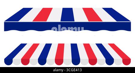 Französische Farbe Markise Zelt Vektor. Rot weiß Blau gestreiftes Überdachungsdach für Kiosk Cafe Market oder Messestand im Freien. Flaches Sonnenschutzsymbol für den Sommer Stock Vektor