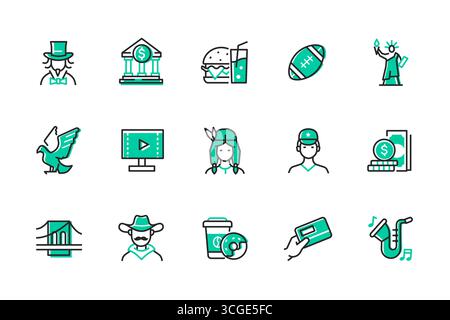 Reisen Sie in die USA – eine Reihe von Symbolen im Liniendesign Stock Vektor