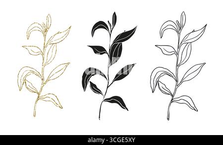 Palmblätter Linie Kunst, Silhouette und Glitzer einfache Hand gezeichnete Vektor Illustration Set, isolieren auf weißem Hintergrund. Stock Vektor