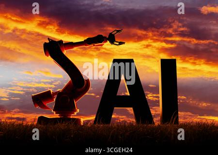 Silhouette des Wortes AI und Roboterarm auf einem Grasland bei Sonnenuntergang. Illustration künstlicher Intelligenz, Automatisierung neuronaler Netzwerke Stockfoto
