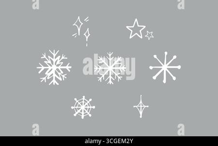 Schneesymbole. Satz von Vektorsymbolen mit Schneeflocken und Sternen. Schnee- oder Wintersymbole mit Schneeflocken. Schnee- oder Schneeflockensymbol. Vektor-Monochrom-Umrissdarstellung. Weiße Schneeflocken und Sterne auf grauem Winterhintergrund. Stock Vektor