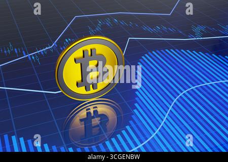 Goldener Bitcoin auf einem blauen Computerbildschirm mit Balkendiagrammen, Kerzendiagrammen und Liniendiagrammen mit einem Gittermuster Hintergrund. Kryptowährungen Stockfoto