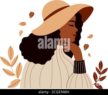 Niedliche hübsche schwarze Frau in modischem Hut mit breiter Krempe und Herbstlaub. Weibliches herbstliches ethnisches Porträt im Profil. Vektorabbildung. Nicht AI. Stock Vektor