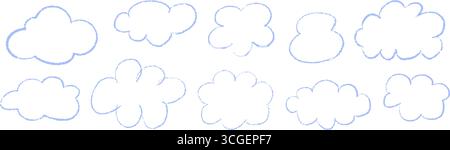 Niedliche, kindliche Cloud-Kollektion. Buntstifte und Kreide kritzeln in Pastellfarben mit Wolken. Handgezeichnete Elemente mit isoliertem Vektor der Grunge-Textur Stock Vektor
