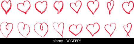 Rote Kreide Herzkritzelchen. Handgezeichnete Valentinssymbole und romantische Liebesformen im Grunge-Stil. Niedliche Skizze Vektor-Illustration isoliert Stock Vektor