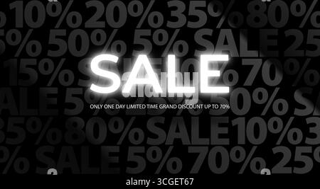 Verkauf weiß leuchtende Neonbuchstaben auf schwarzem Verkauf Vektormuster Hintergrund. Nur ein Tag zeitlich begrenzter Grandrabatt von bis zu 70 Prozent. Einfacher geometrischer Text Stock Vektor