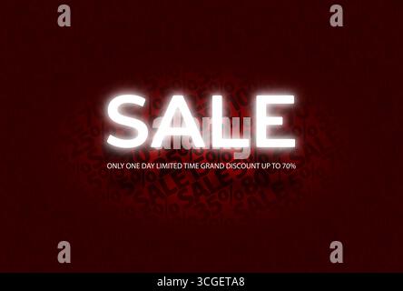 Verkauf weiß leuchtende Neonbuchstaben auf rotem Verkaufs-Vektor-Muster Hintergrund. Nur ein Tag zeitlich begrenzter Grandrabatt von bis zu 70 Prozent. Einfacher geometrischer Text Stock Vektor