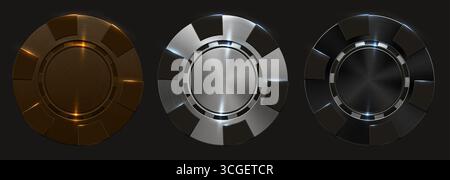 Casino Poker Chip Gold, Edelstahl, schwarz mit Lichteffekt, isoliert auf schwarzem Hintergrund. Realistischer Pokerclub, Blackjack, online Stock Vektor