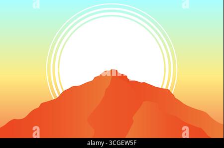 Minimalistische Vektorlandschaft mit einem lebhaften orangen Berg, sanftem Himmel und abstrakter Sonne mit kreisförmigen Linien. Perfekt für Hintergründe und Poster Stock Vektor