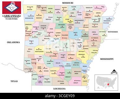 Landkarte des US-amerikanischen Bundesstaates Arkansas Stockfoto