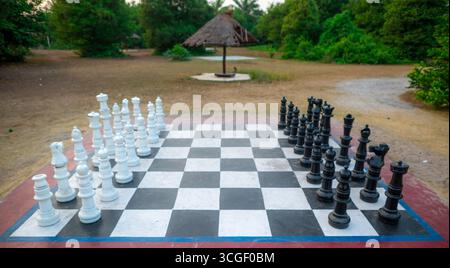 Lebensgroßes Freischach mit großen schwarz-weißen Stücken, die auf einem riesigen Brett in einem Park angeordnet sind, umgeben von Grün Stockfoto