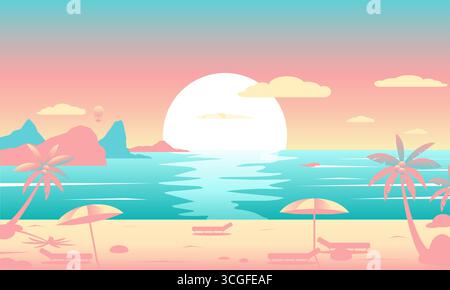 Tropische Strand-Vektor-Illustration mit Palmen, Sonnenschirmen, Sonnenliegen, ruhiges Meer, Berge, Wolken und Sonnenuntergang in Pastellfarben. Perfekter Sommer Stock Vektor