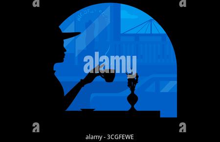 Vektor-Illustration einer Frau in Silhouette, die Kaffee an einem Fenster mit einer Stadtlandschaft im Hintergrund trinkt. Ruhige, moderne und stilvolle Café-Atmosphäre Stock Vektor