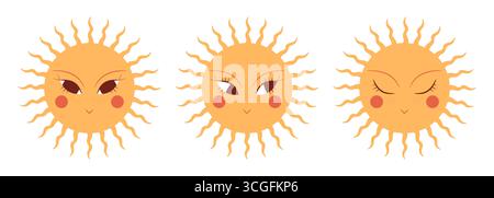 Handgezeichnete Boho-Sonnenfiguren Set. Comic Sun Emoji. Vektorabbildung Stock Vektor