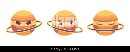 Süße Boho Saturn Planet Charaktere. Cartoon Saturn Set. Vektorabbildung Stock Vektor