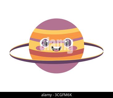 Niedlicher Cartoon Saturn Planet Charakter. Saturn Maskottchen in kindlicher Art isoliert auf weißem Hintergrund. Vektorabbildung Stock Vektor