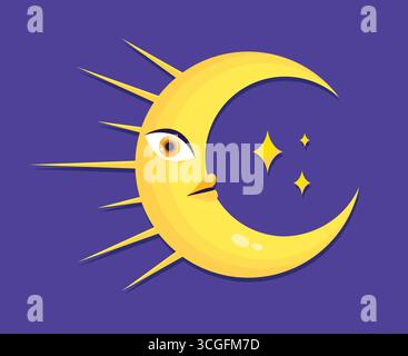 Glänzende Mondfigur am Nachthimmel mit Sternen. Cartoon-Symbol im Halbmond im flachen Stil. Vektorabbildung Stock Vektor