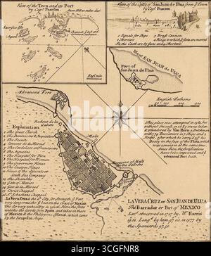 Alte historische Karte von Veracruz, Mexiko, mit dem Hafen, Befestigungsanlagen und dem Hafen von San Juan de Ulúa während des Krieges von Jenkins’ Ohr, 1740. Veröffentlicht in einem englischen Pamphlet, um die Eroberung der wichtigsten spanischen Festungen in der Karibik zu fördern. Stockfoto