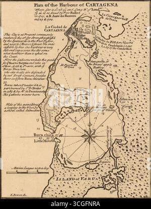 Historische Karte mit dem Titel Plan des Hafens von Cartagena, veröffentlicht 1740 während des Krieges von Jenkins’ Ohr (1739–1742). Das englische Pamphlet enthielt Karten wichtiger Städte in der spanischen Karibik wie Havanna, Cartagena, Veracruz und Puerto Bello, um die öffentliche Unterstützung für den Krieg gegen Spanien zu fördern. Bild von der Library of Congress. Stockfoto
