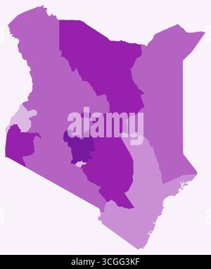 Karte von Kenia mit Regionen. Nur eine einfache Ländergrenzkarte mit regionaler Aufteilung. Lila Farbpalette. Stock Vektor
