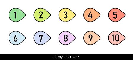 Design-Elementsatz für Aufzählungszeichen. Farbenfrohe Liste Markierungen, Nummer 1 bis 10. Stock Vektor