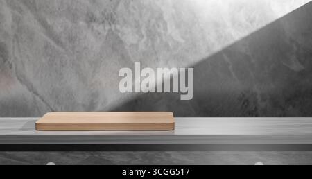 Minimalistisches 3D-Renderprodukt mit Holzpodium auf Steintisch mit strukturiertem Marmorhintergrund und dramatischer diagonaler Beleuchtung, Natural AE Stockfoto