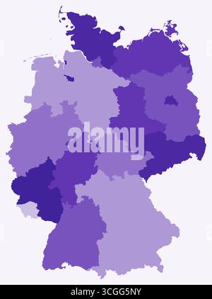 Karte von Deutschland mit Regionen. Nur eine einfache Ländergrenzkarte mit regionaler Aufteilung. Dunkelviolett. Stock Vektor