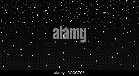 Fantasy-Schneefallszene mit glühenden gefrorenen Flocken und abstrakten Galaxiensternen. Vektor-Blizzard-Illustration für Neujahrskarte, Weihnachtsposter, Weihnachtsdekoration, Partyfahne oder Feiertagsdesign. Stock Vektor