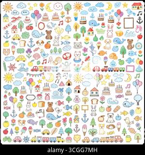 Eine skurrile Collage handgezeichneter Kritzeleien mit Tierfutter und Alltagsgegenständen in verspieltem Stil Stock Vektor