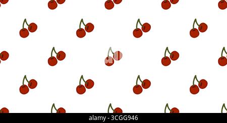 Nahtloses Cartoon-Muster Mit Kirschfrucht. Rote Karikaturkirschen mit grünen Stielen in flachem Stil. Nahtloses Sommerfrucht-Muster auf weißem Hintergrund. Stock Vektor