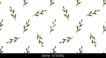 Nahtloses Green Leaf Twig-Muster. Einfache grüne Zweige mit Blättern im flachen Cartoon-Stil. Nahtloses botanisches Muster auf weißem Hintergrund. Stock Vektor