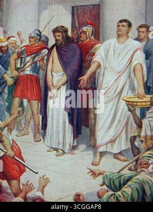 Illustration von Pontius Pilatus, der Christus dem Volk darstellte - Pilatus wusch seine Hände vor der Menge und sagte: "Ich bin unschuldig am Blut Stockfoto
