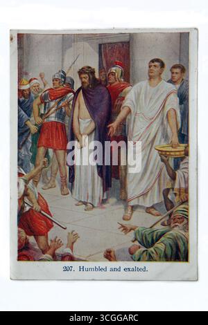 Illustration von Pontius Pilatus, der Christus dem Volk darstellte - Pilatus wusch seine Hände vor der Menge und sagte: "Ich bin unschuldig am Blut Stockfoto